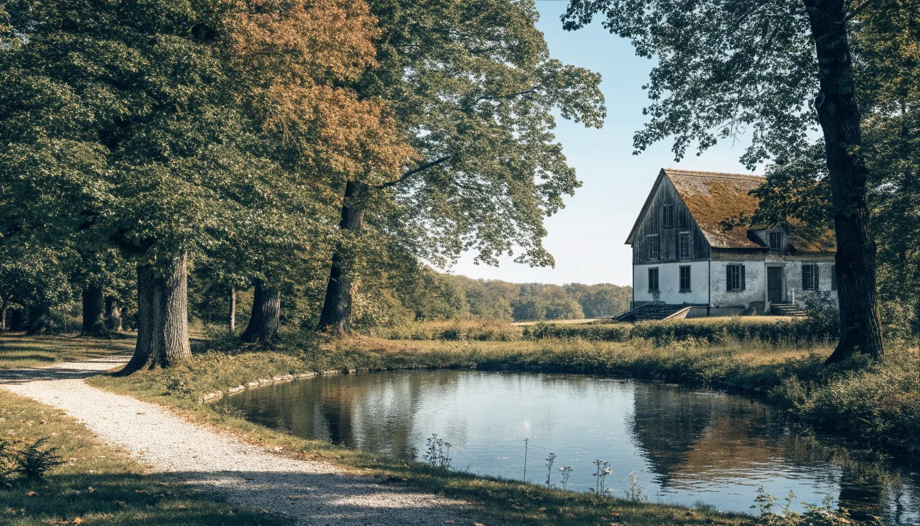 Staw wśród dojrzałych drzew i niewielki dworek oglądany z zewnątrz
