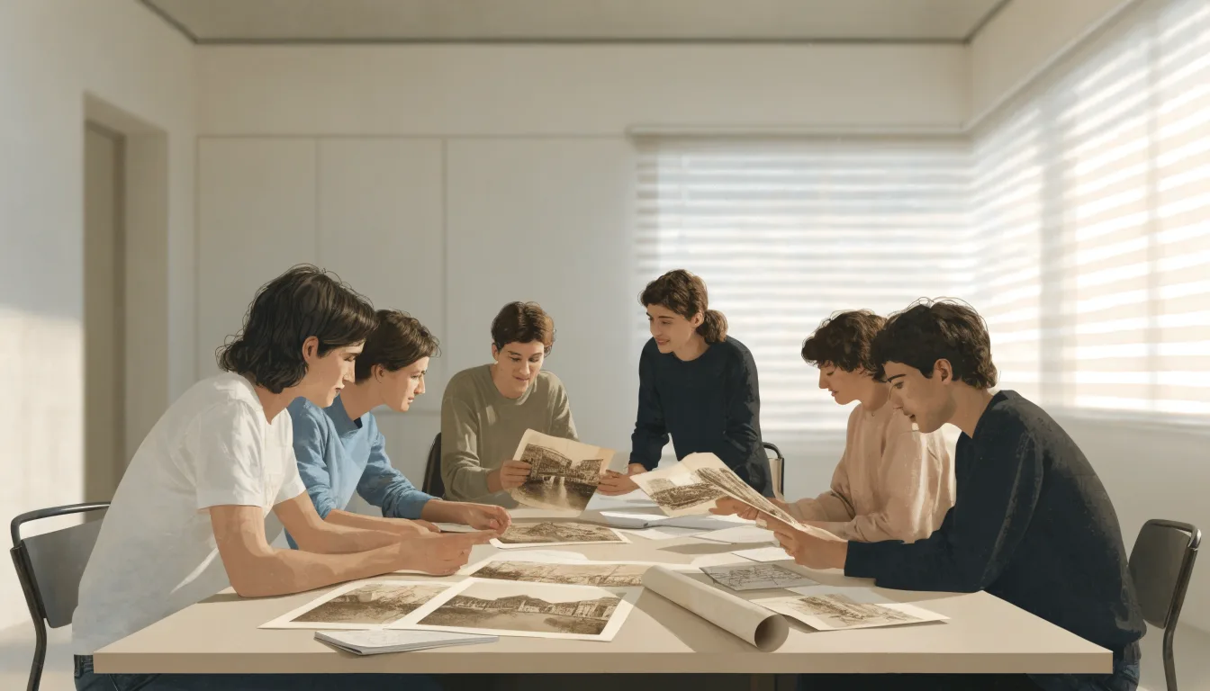 Uczestnicy zajęć edukacyjnych oglądają archiwalne fotografie i mapę