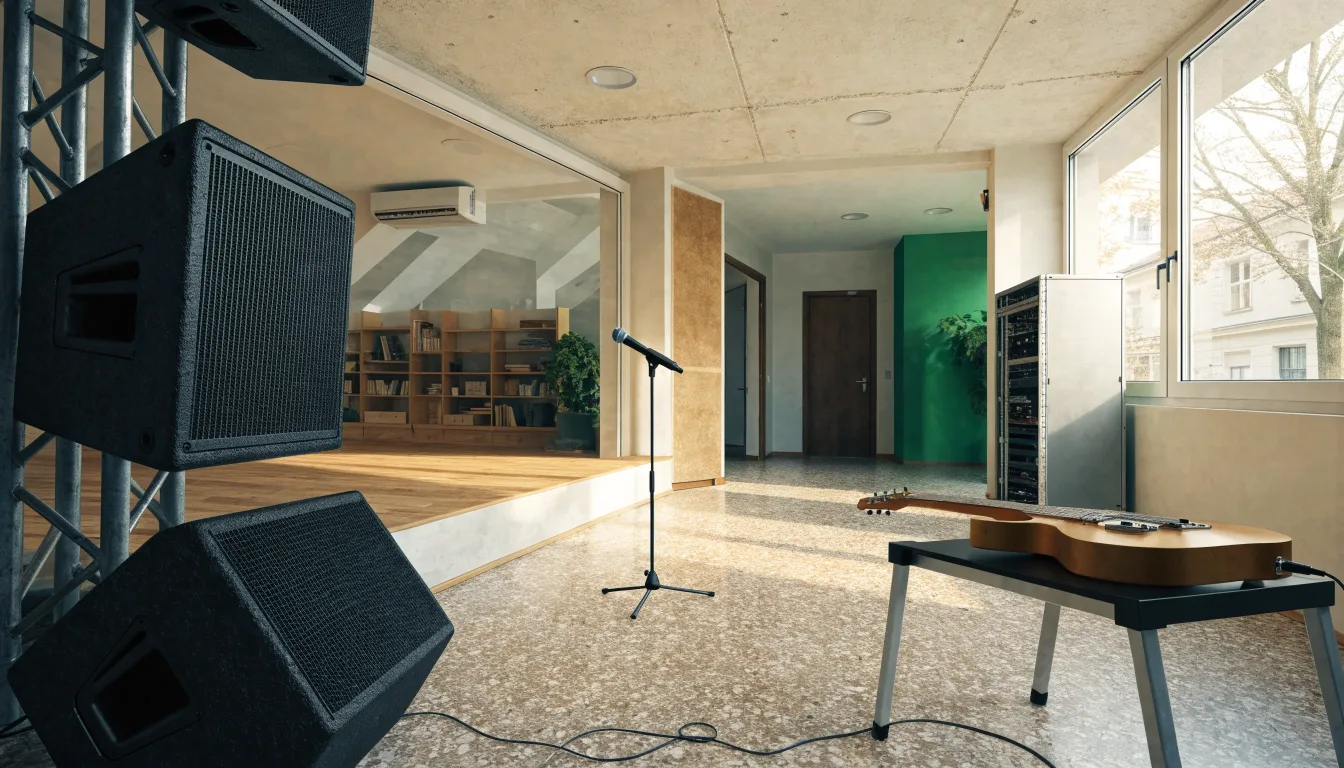 Scena niewielkiego klubu muzycznego przygotowana do koncertu