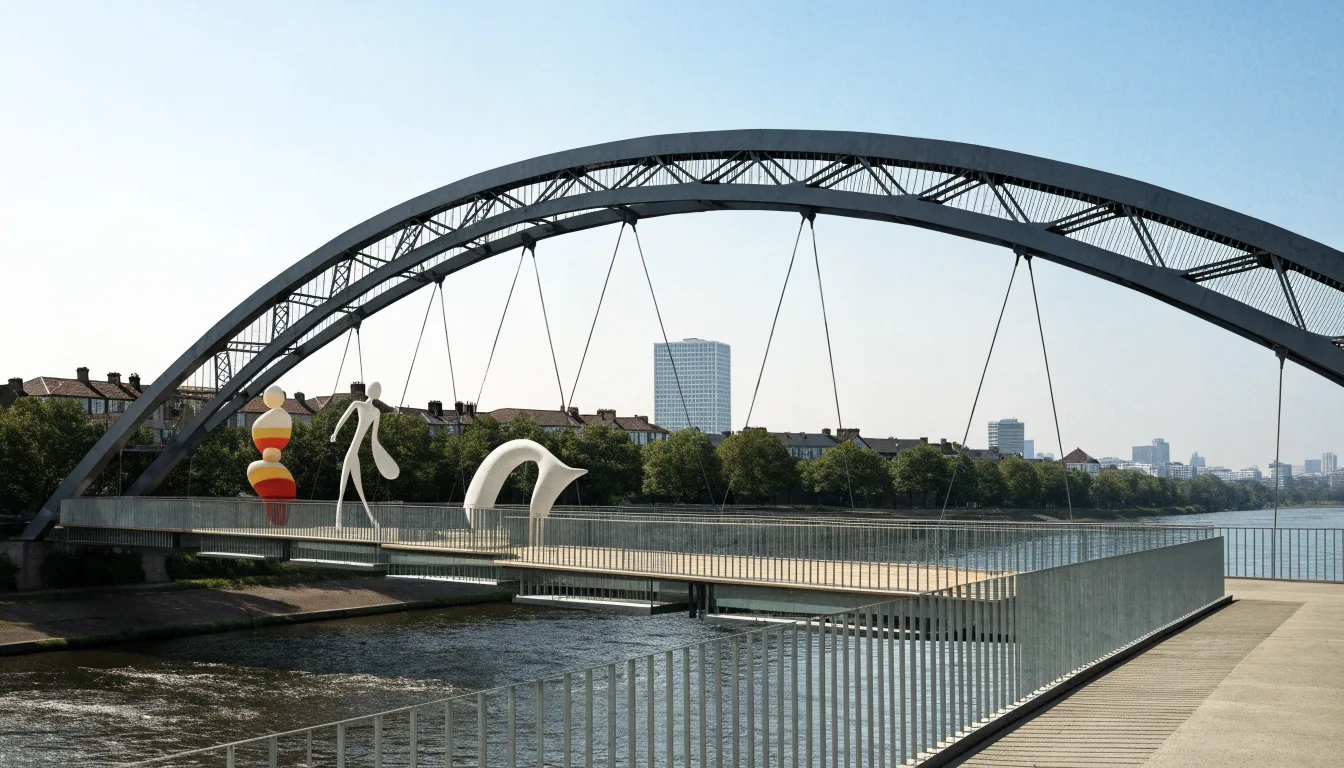 Stalowy łuk i balansujące rzeźby nad miejską przeprawą pieszo-rowerową