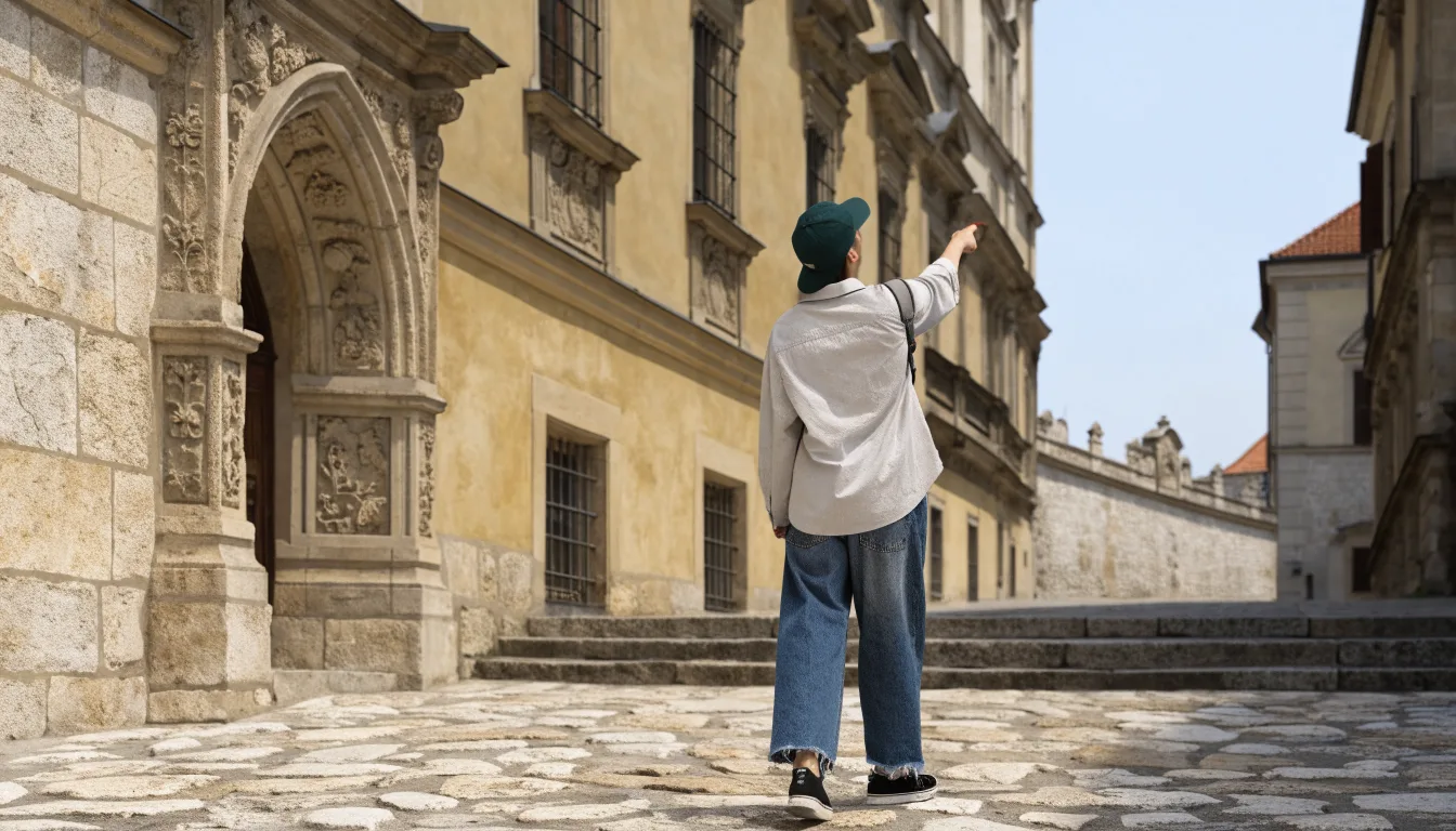 Podróżna osoba wskazuje okno nad portalem podczas spaceru po historycznej ulicy Krakowa.